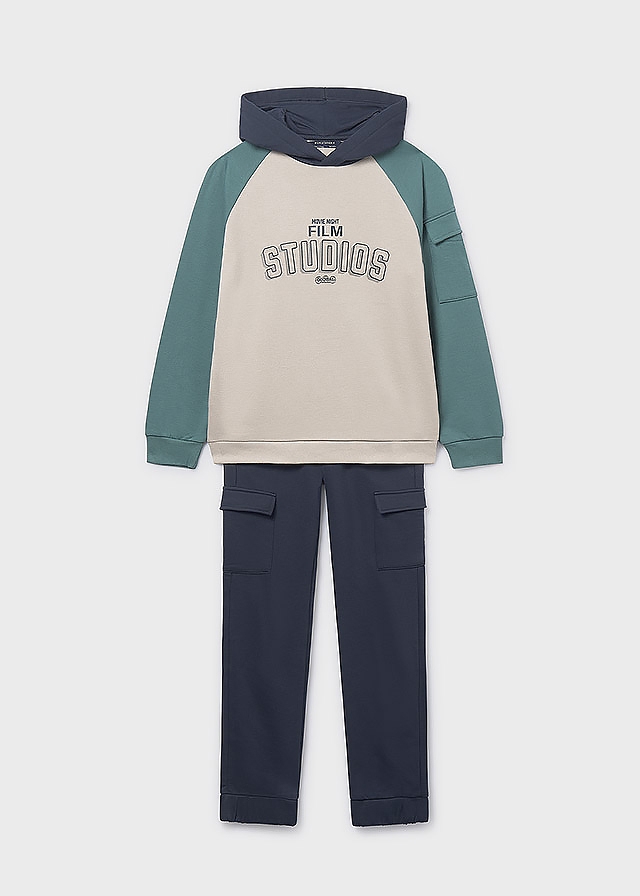 Комплект, Пуловер з капюшоном + сині штани, легке утеплення, Бежевий, Mayoral Іспанія, 26OZ