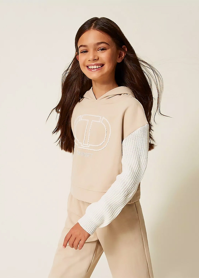 Пуловер, з капюшоном (в'язані рукава), Бежевий, TWINSET Італія, 26OZ