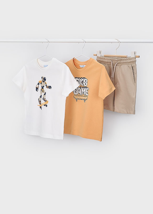 Комплект, Футболка 2 шт. + бежеві шорти, Бурштиновий, Mayoral Іспанія, 26VL Комплект, Футболка 2 шт. + бежеві шорти, Бурштиновий, Mayoral Іспанія, 26VL